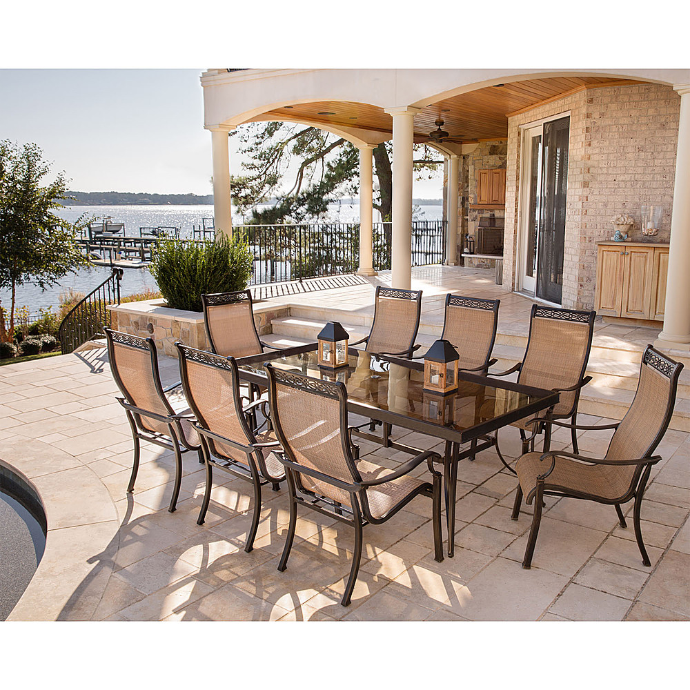 Left View: Hanover Monaco 9-Piece Outdoor Patio Dining Set with Aluminum Framed Chairs and Glass Table, Seats 8