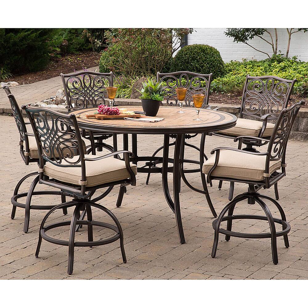 Left View: Hanover - Monaco 7-Piece High-Dining Set in Tan with a 56 In. Tile-top Table and 6 Swivel Chairs - Tan/Bronze