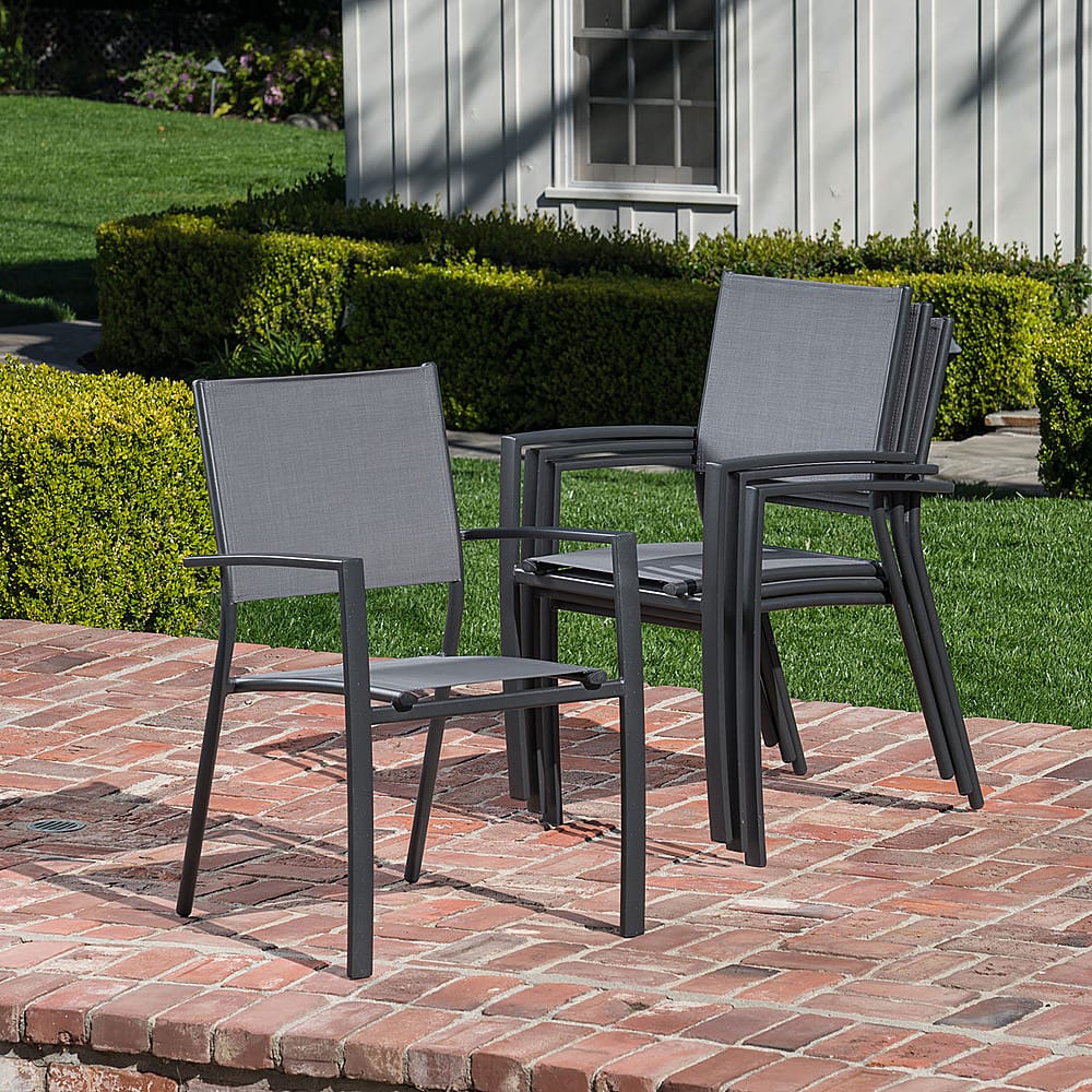 Left View: Hanover - Naples 7-Piece Outdoor Dining Set with 6 Sling Chairs and a 63" x 35" Dining Table - Gray/Gray