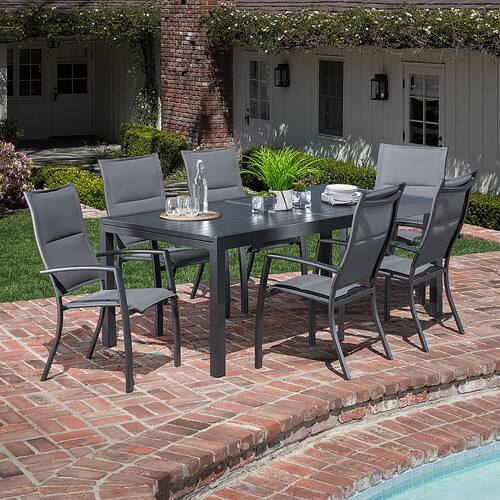 Hanover - Naples 7-Piece Outdoor Dining Set with 6 Padded Sling Chairs and Expandable Dining Table - Gray/Gray