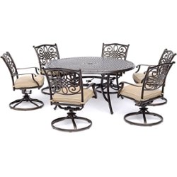 Hanover - Traditions 7-Piece Dining Set with a 60 In. Round Cast-top Table and Six Swivel Rockers - Alumicast/Tan - Front_Zoom