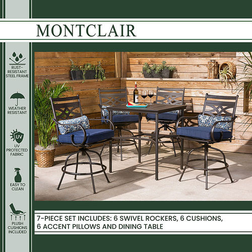 Hanover - Montclair 7-Piece Dining Set with 6 Swivel Rockers and a 40" x 67" Dining Table - Navy/Brown
