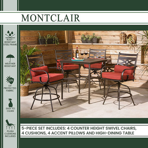 Hanover - Montclair 5-Piece High-Dining Patio Set with 4 Swivel Chairs and a 33-In. Counter-Height Dining Table - Chili Red/Brown
