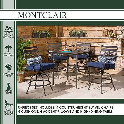 Hanover - Montclair 5-Piece High-Dining Patio Set with 4 Swivel Chairs and a 33-In. Counter-Height Dining Table - Navy/Brown