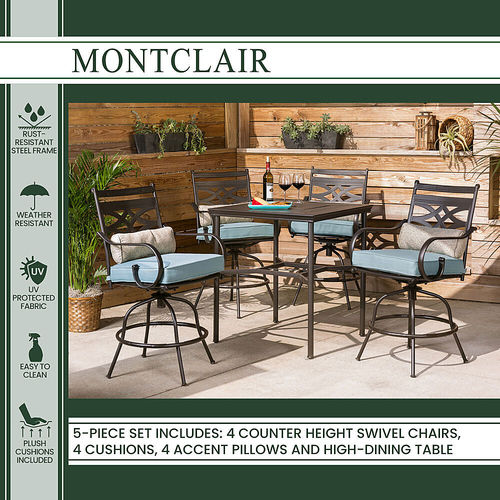 Hanover - Montclair 5-Piece High-Dining Patio Set with 4 Swivel Chairs and a 33-In. Counter-Height Dining Table - Ocean Blue/Brown