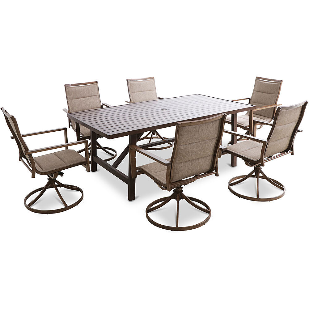 Angle View: Mod Furniture - Atlas 7-Piece Outdoor Dining Set with 6 Padded Contoured-Sling Swivel Rockers and a 74-In. x 40-In. Trestle Table - Tan