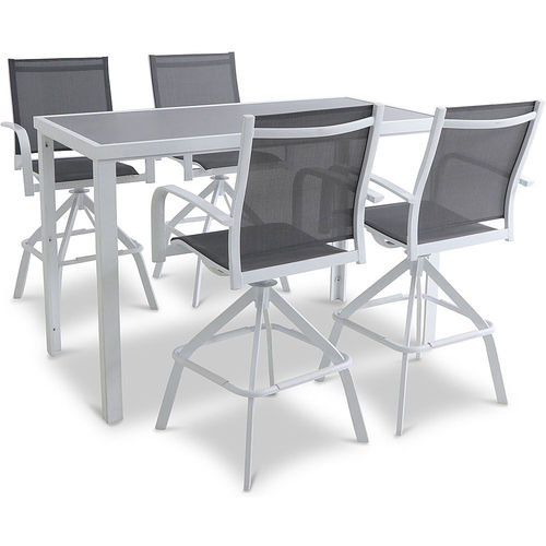 Mod Furniture - Harper 5-Piece Outdoor High-Dining Set with 4 Swivel Bar Chairs and a Glass-Top Bar Table - White