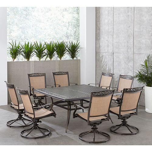 Hanover - Fontana 9-Piece Outdoor Dining Set with 8 Sling Swivel Rockers and a 60-In. Square Cast-Top Table - Tan/Bronze