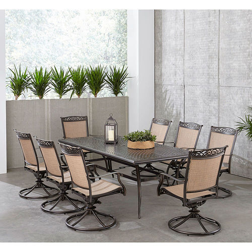 Hanover - Fontana 9-Piece Outdoor Dining Set with 8 Sling Swivel Rockers and a 42-In. x 84-In. Cast-Top Table - Tan/Bronze