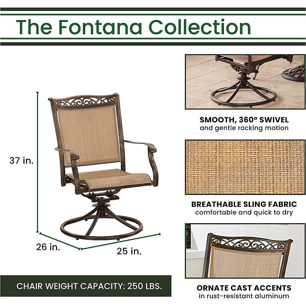 Left View: Hanover - Fontana 9-Piece Outdoor Dining Set with 8 Sling Swivel Rockers and a 42-In. x 84-In. Cast-Top Table - Tan/Bronze