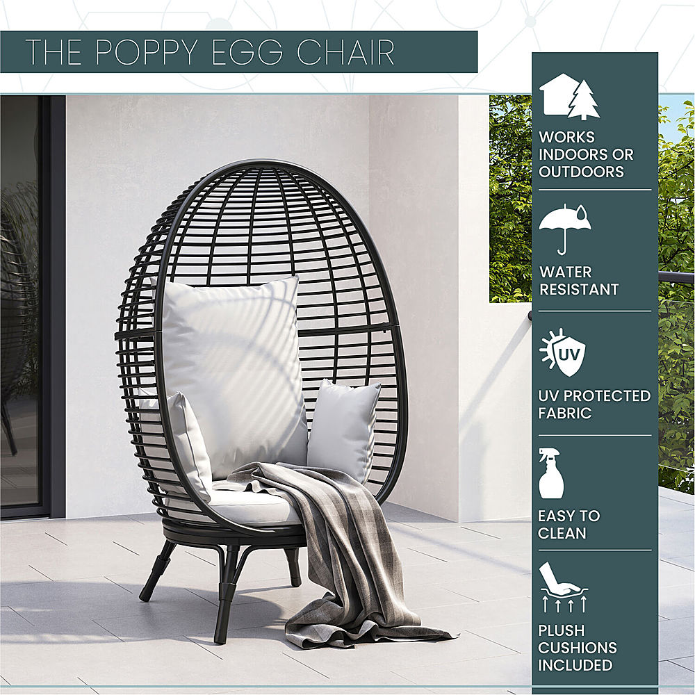 Left View: Mōd Furniture Poppy Outdoor Stationary Egg Chair with Boho Grey Oversize Cushions, POPPYEGG-GRY