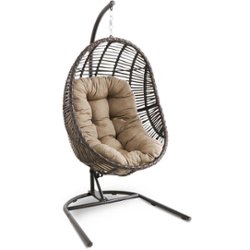 Mod Furniture Avery Hanging Boho Chic Egg Chair with Brown All-Weather Wicker and Taupe Oversized Cushion - Brown - Front_Zoom