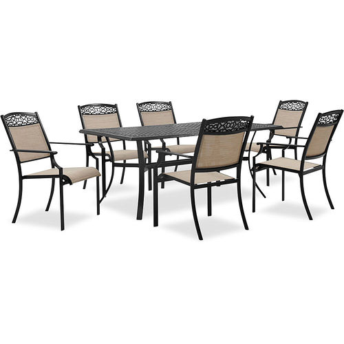 Hanover - Lisbon 7-Piece Set: 6 Sling Stationary Chairs and 39 in. x 68 in. Cast-Top Dining Table - Tan/Brown
