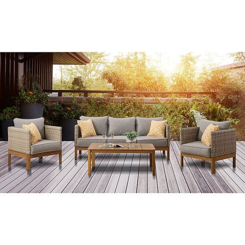 Mod Furniture - Blake 4-Piece Set with 2 Bucket Chairs, Sofa and 44” x 17” Faux Wood Coffee Table - Grey/Faux Wood