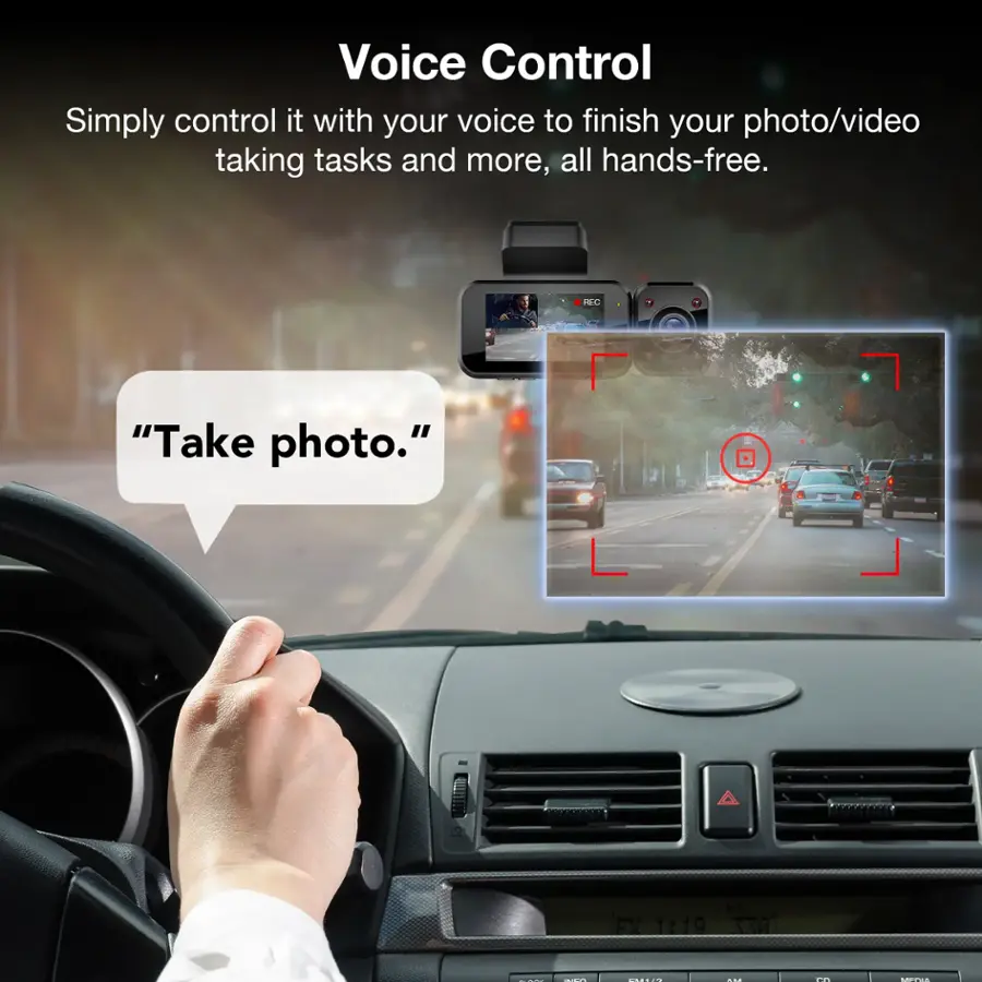 Voice Control: Simply control it with your voice to finish your photo/video taking tasks and more, all hands-free. FC: "Take photo." EX 1:19 30 - : I | ... LTOS