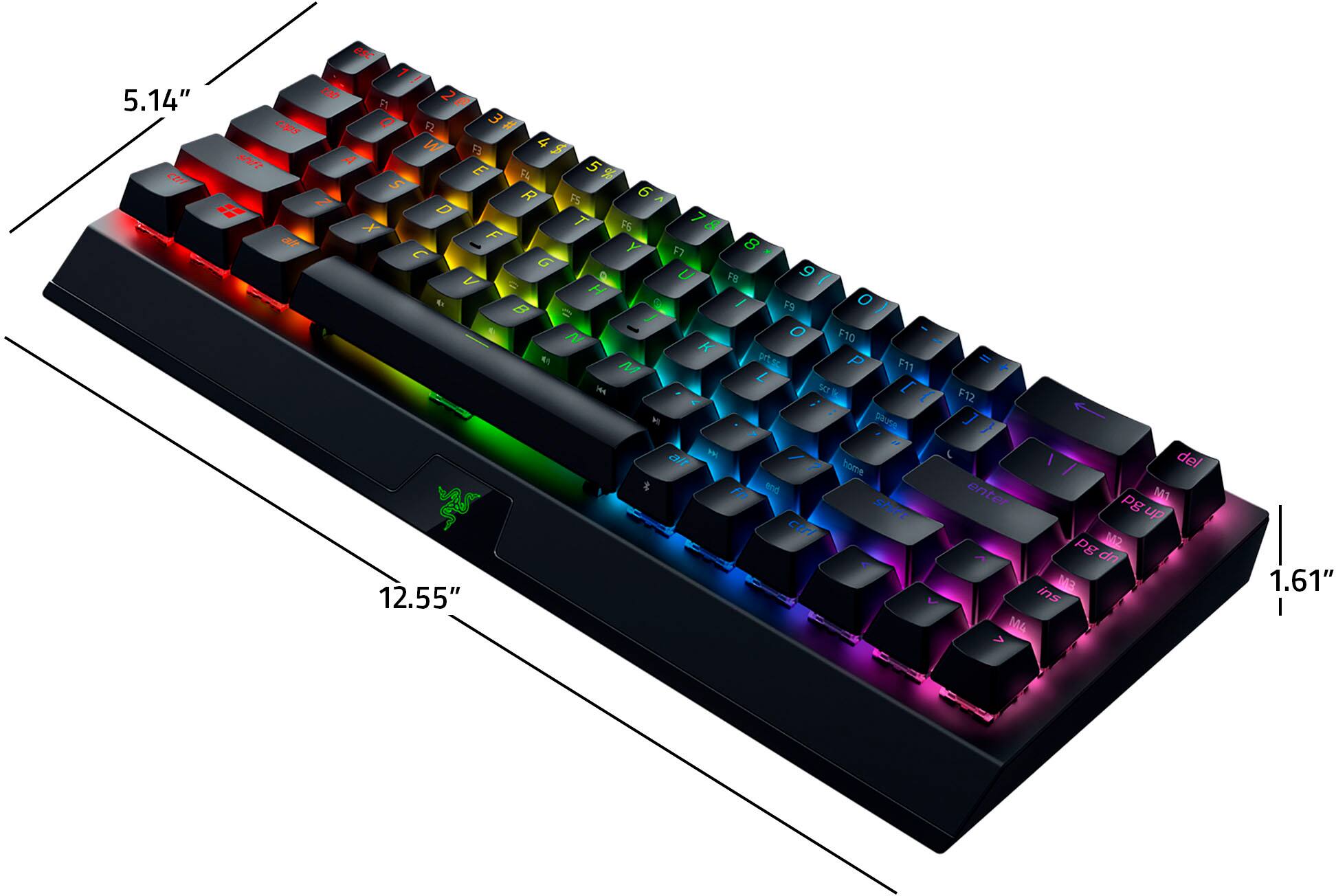 Angle. Razer - BlackWidow V3 Mini Hyperspeed Phantom Edition 65% Wireless Mechanical Green Clicky Tactile Switch Gaming Keyboard - Black.