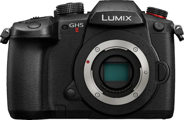 Front. Panasonic - LUMIX GH5M2 4K Video Mirrorless Camera (Body Only), DC-GH5M2BODY - Black.
