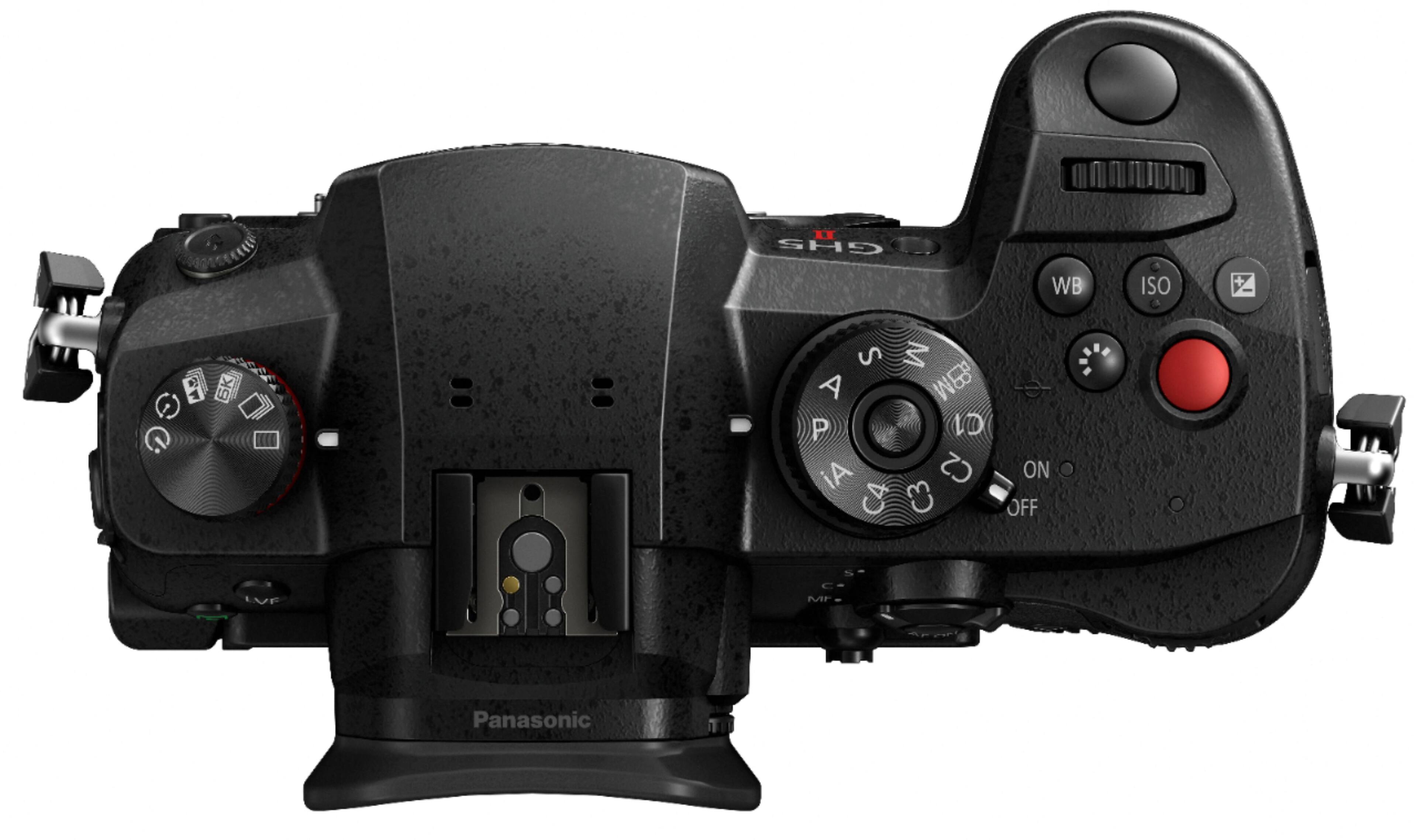 Top. Panasonic - LUMIX GH5M2 4K Video Mirrorless Camera (Body Only), DC-GH5M2BODY - Black.