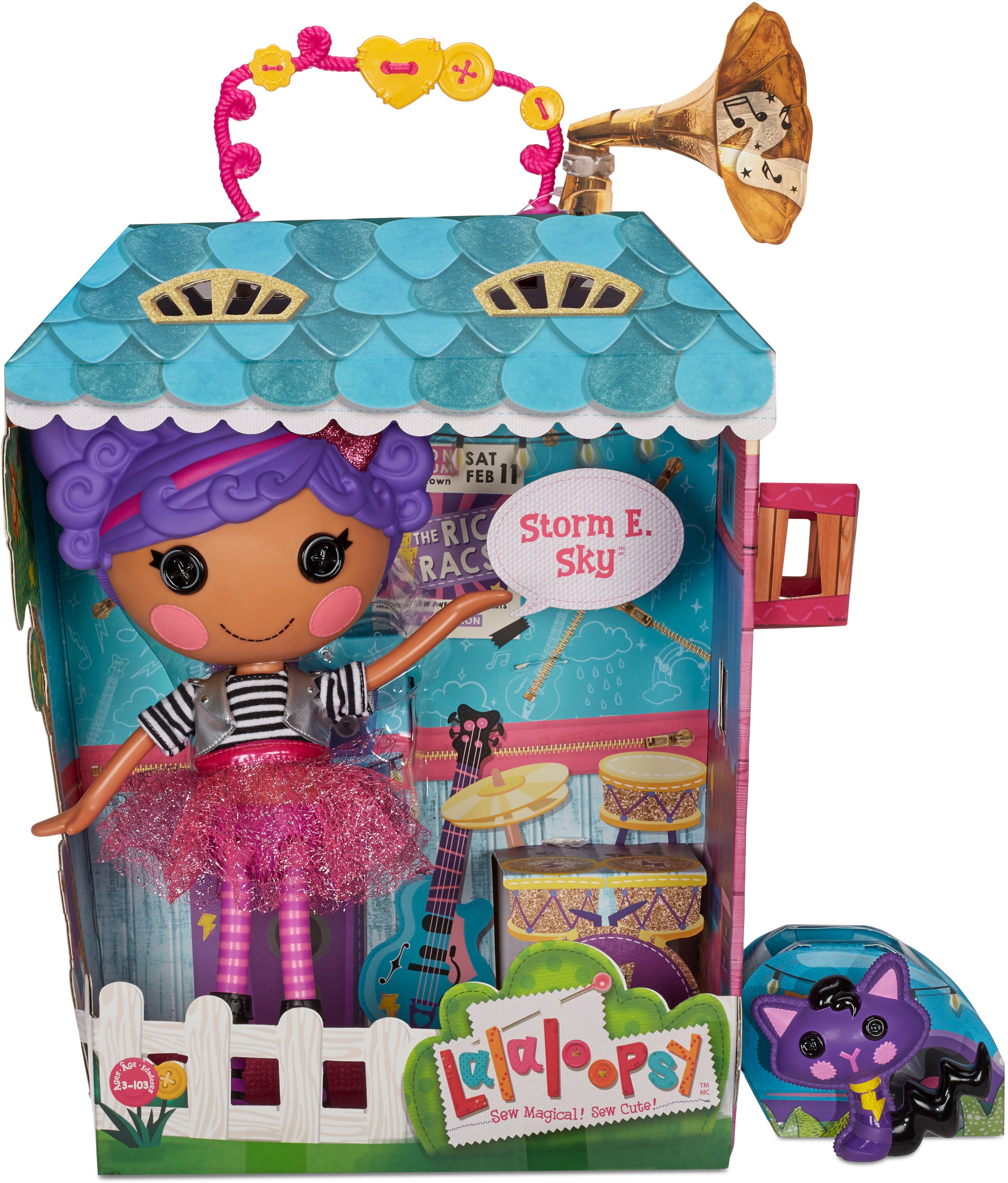 Left View: Lalaloopsy Doll - Storm E. Sky with Pet Cool Cat, 13" Rocker Musician Purple Doll with Changeable Pink and Black Outfit and Shoes, in Reusable Camper House Package Playset, for Ages 3-103
