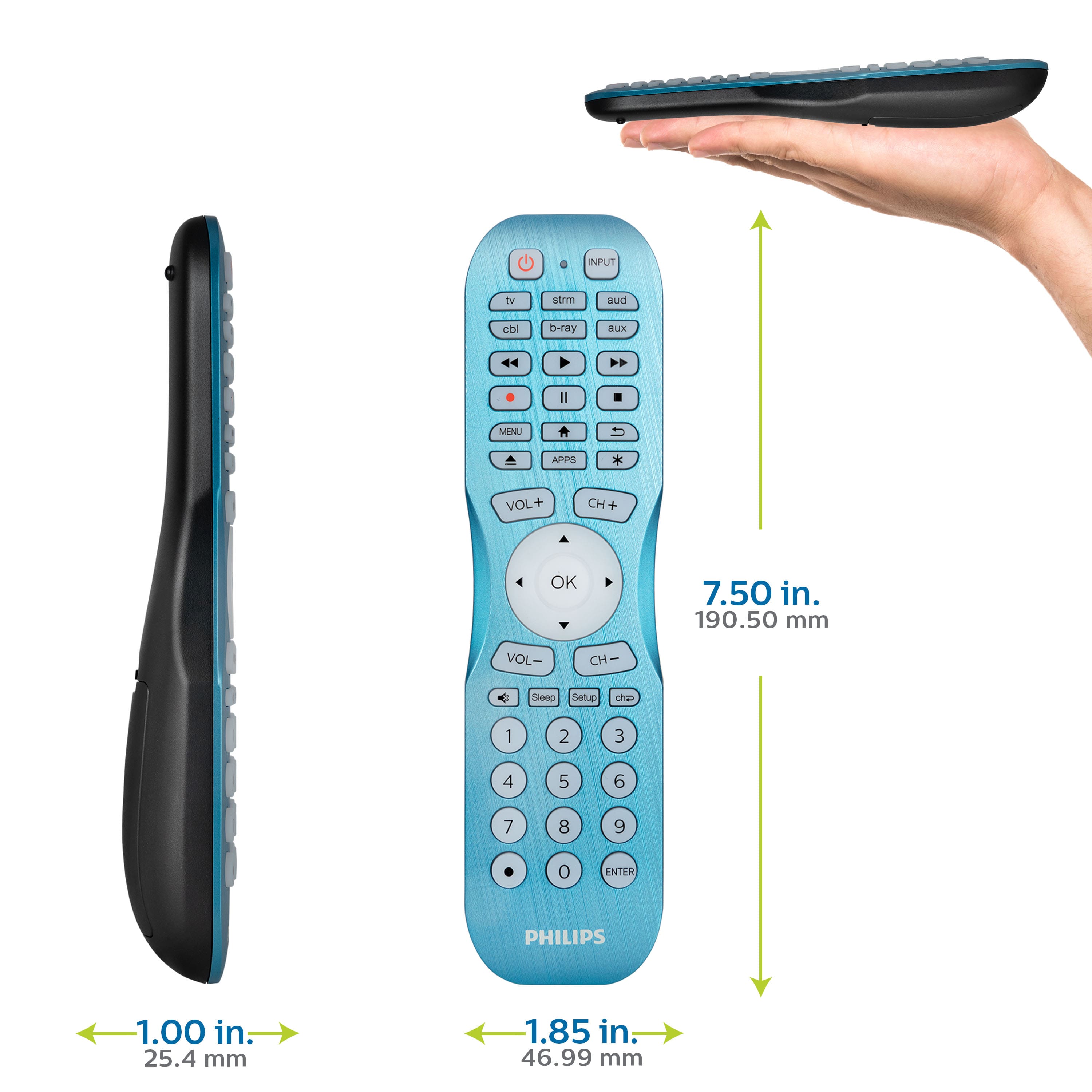 The text on the image is grouped and corrected as follows:
1. The remote control is 7.50 inches (190.50 mm) long.
2. The remote control is 1.00 inch (25.4 mm) wide.
3. The remote control is 1.85 inches (46.99 mm) tall.
4. The remote control is made by Philips.