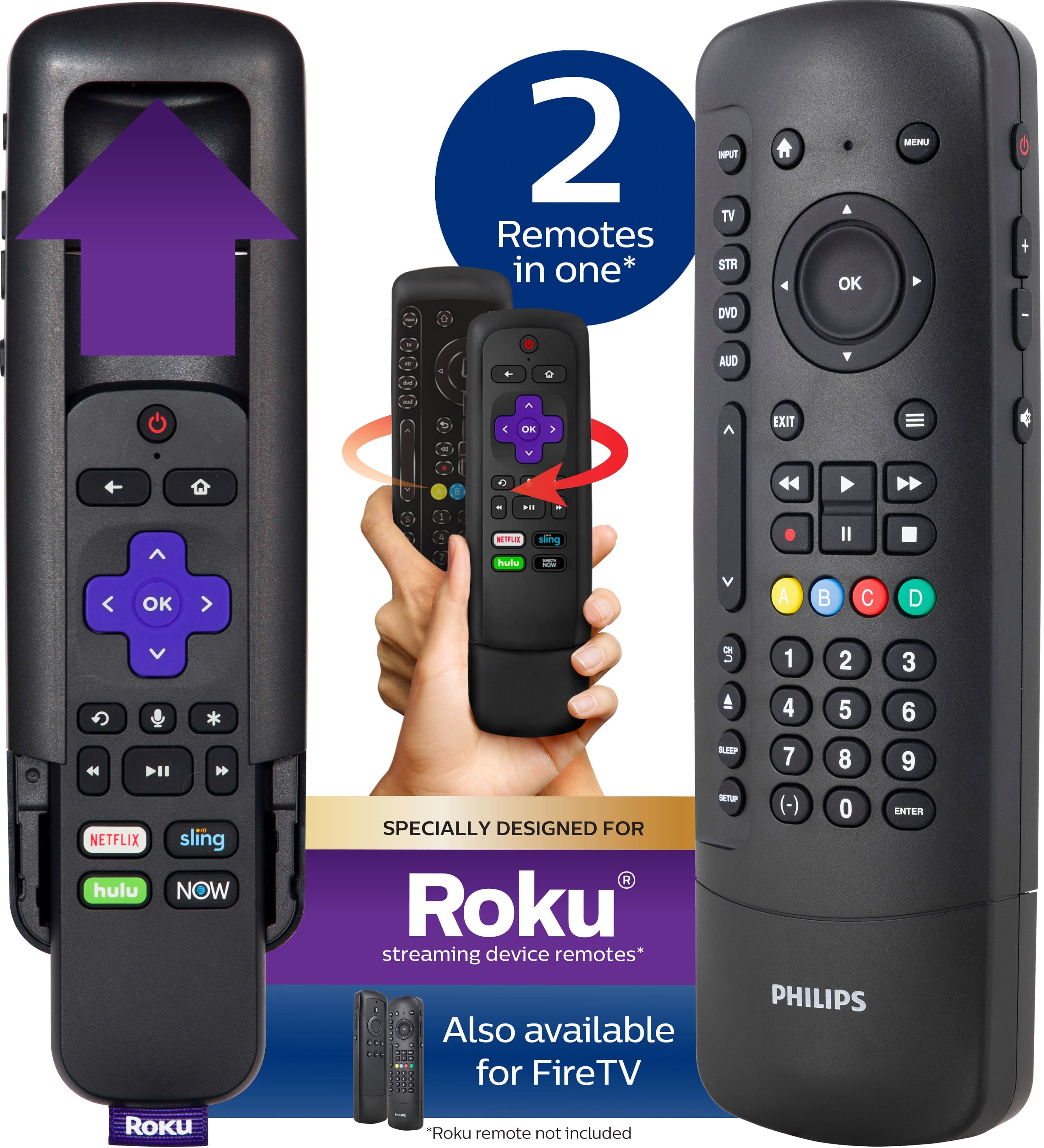 The text on the image is grouped and corrected as follows:
2 Remotes in one IPUT TV STR OK MENU DVD AUD C CR V EXIT I : F ... MEIE sing II OK outu V A B C D UN 1 2 3 A 4 5 6 SEEP 7 8 9 NETFLIX hulu sling NOW STP (-) 0 ENTER SPECIALLY DESIGNED FOR Roku streaming device remotes* PHILIPS CO Also available for FireTV Roku *Roku remote not included