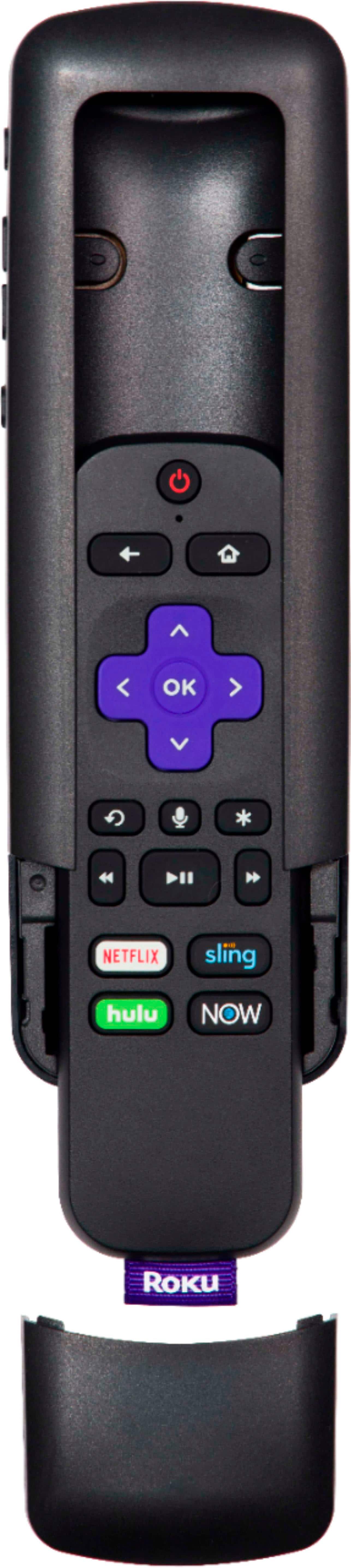 The text on the image reads:
"Large remote is easy to grasp and hard to lose. Roku* remote not included."