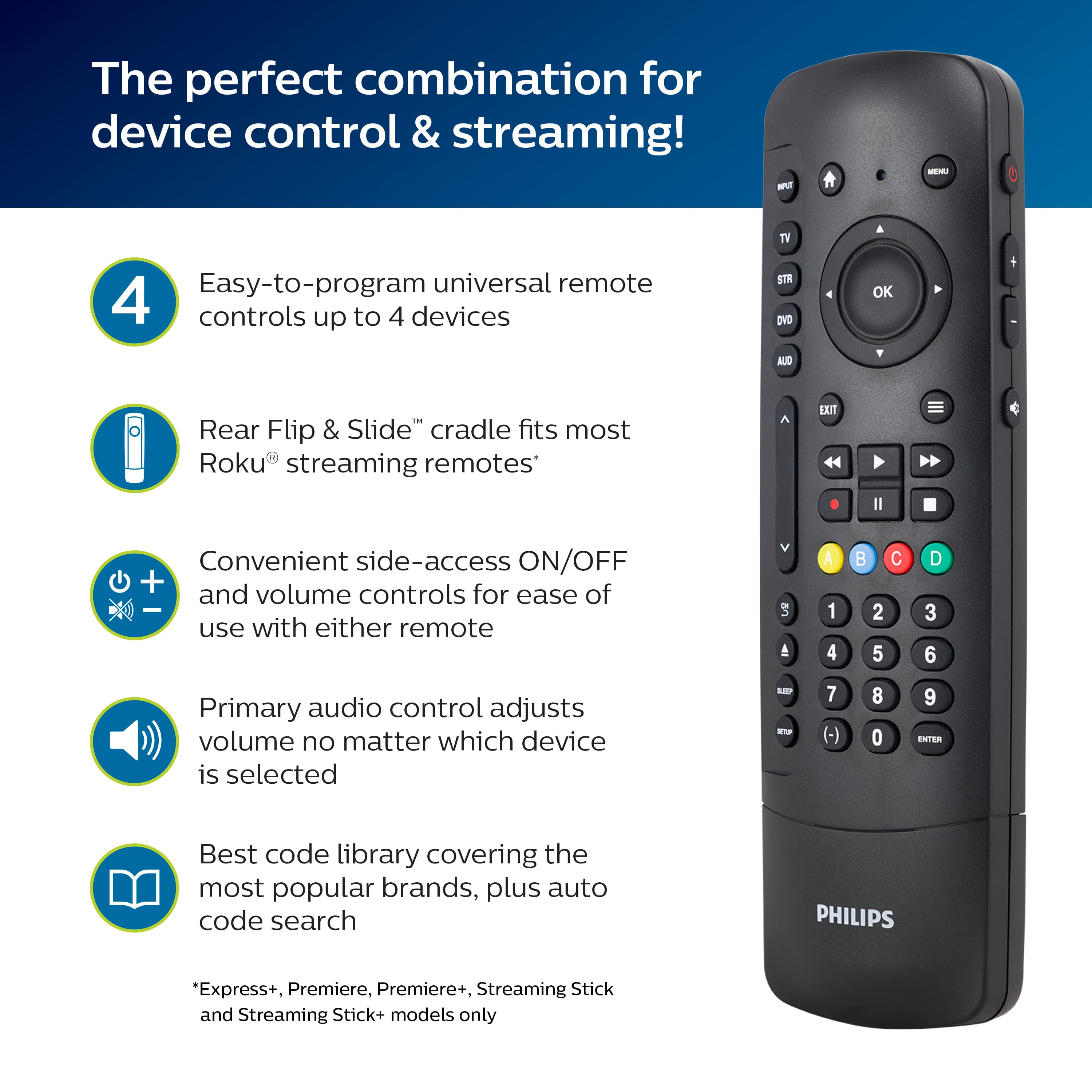 The perfect combination for device control & streaming!
* Easy-to-program universal remote: 4 controls up to 4 devices
* Rear Flip & Slide cradle fits most Roku streaming remotes
* Convenient side-access ON/OFF + and volume controls for ease of use with either remote
* Primary audio control adjusts volume no matter which device is selected
* Best code library covering the most popular brands, plus auto code search
* Philips "Express+, Premiere, Premiere+, Streaming Stick and Streaming Stick+ models only