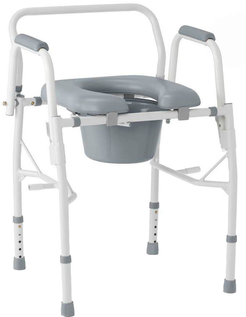 Left View: Medline Drop Arm Commode, Swing Away Arm for Easy Transfer, with Padded Seat, Supports up to 350 lbs, Gray