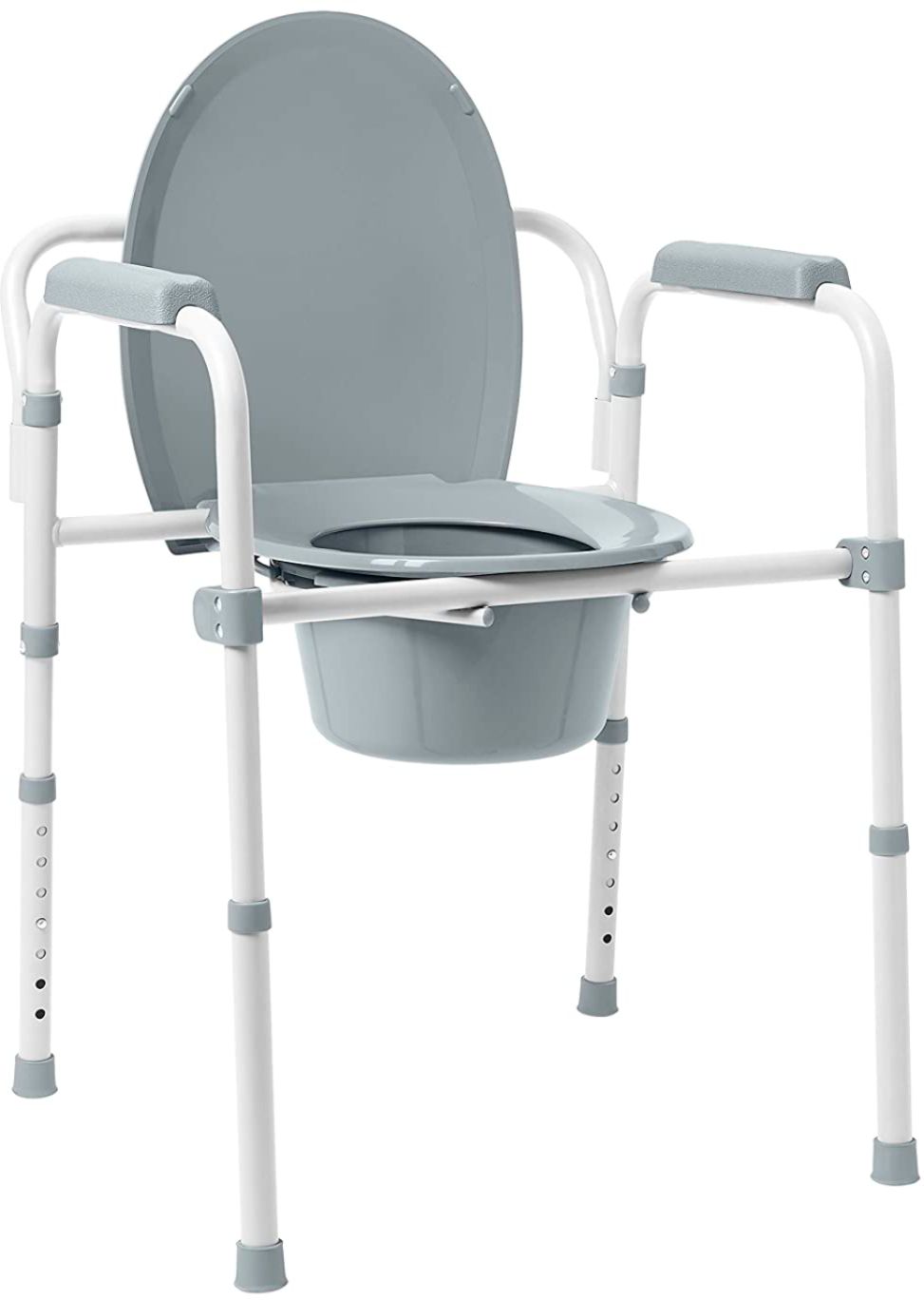 Angle View: Medline 3-in-1 Steel Bedside Commode, Elongated Seat, Folding Frame, Supports up to 350 lbs. - Gray