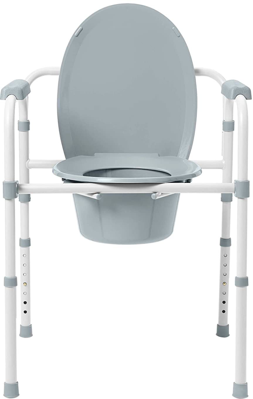 Left View: Medline 3-in-1 Steel Bedside Commode, Elongated Seat, Folding Frame, Supports up to 350 lbs. - Gray