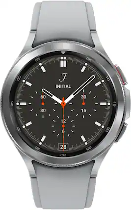 Front. Samsung - Geek Squad Certified Refurbished Galaxy Watch4 Classic Stainless Steel Smartwatch 46mm LTE - Silver.