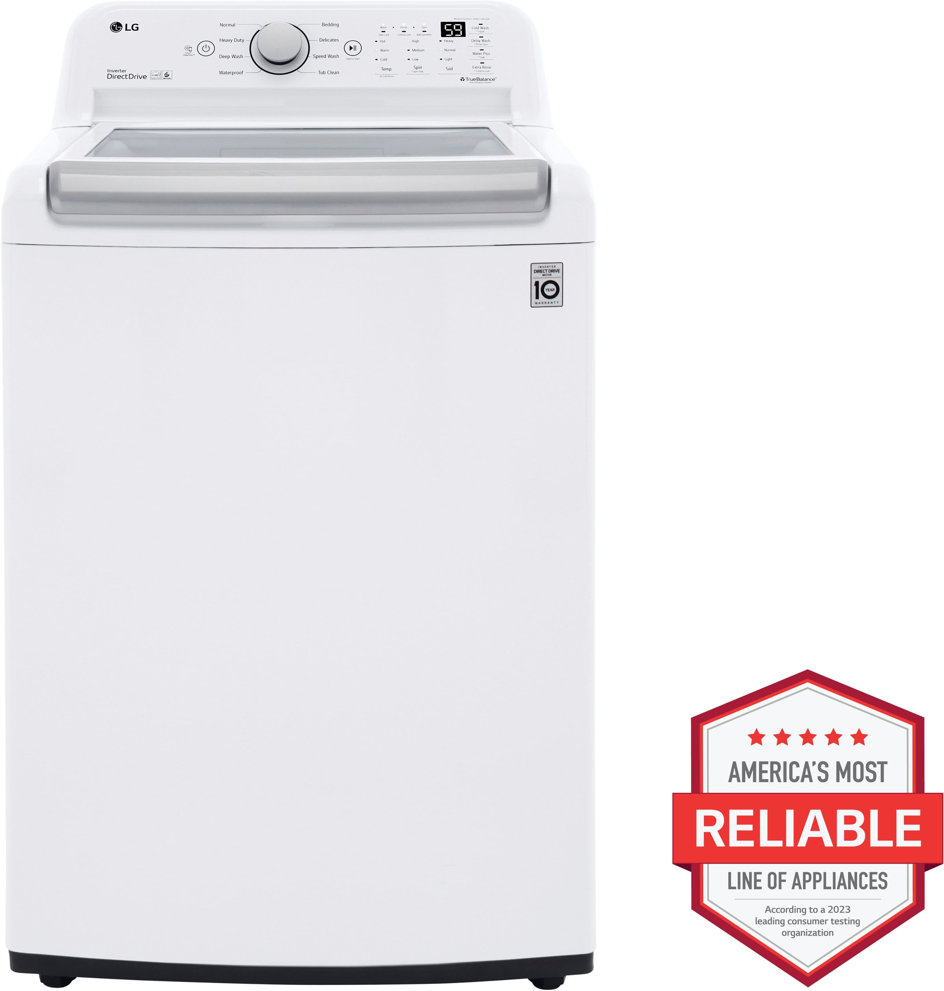 The image features a white LG washing machine, which is known for its reliability. The machine has a sticker on it that says "America's Most Reliable Line of Appliances." This indicates that the washing machine has been recognized for its dependability and quality, making it a trustworthy choice for consumers.