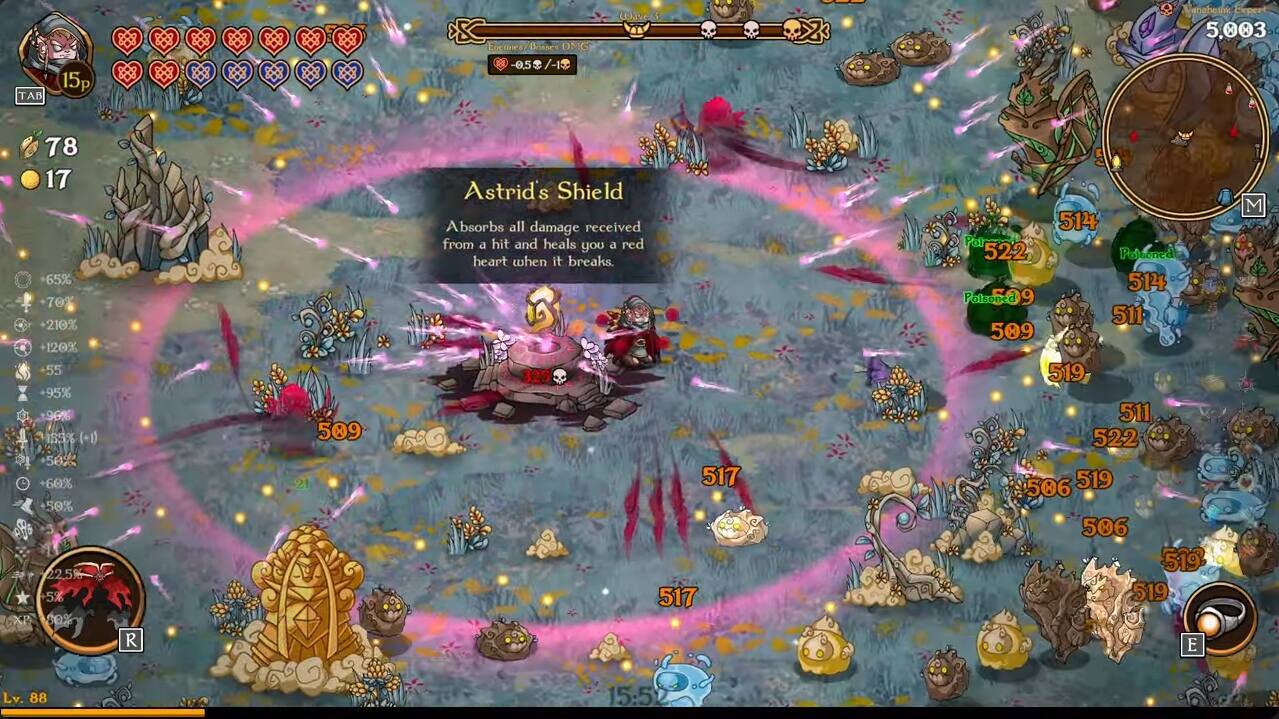 TAB 15p Eccunes Bosses DMG 0,59/-15 t0me | anabetik Expert 5.003 78 17 65% 70% 210% 120% 55 95% 96% 5% (+1) 562 60% +50% 22.5% 5% CXP CO% R 509 Astrid's Shield Absorbs all damage received from a hit and heals you a red heart when it breaks. G 325 517 517 514 Pt 522 Pouened 514 Potsoned 5a9 511 509 519 511 522 506 519 506 519 519 E M Lv. 88 15:52