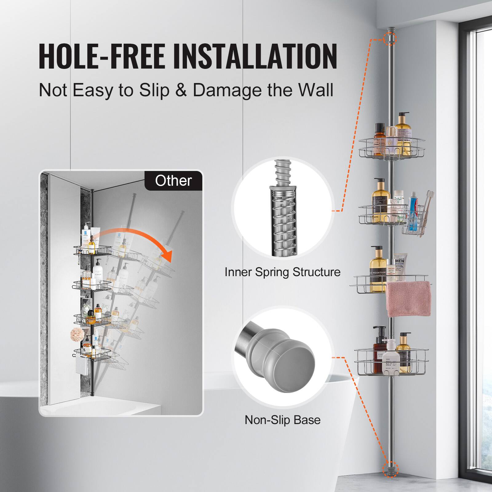 HOLE-FREE INSTALLATION  
Not Easy to Slip & Damage the Wall  

Other  
Inner Spring Structure  
Non-Slip Base