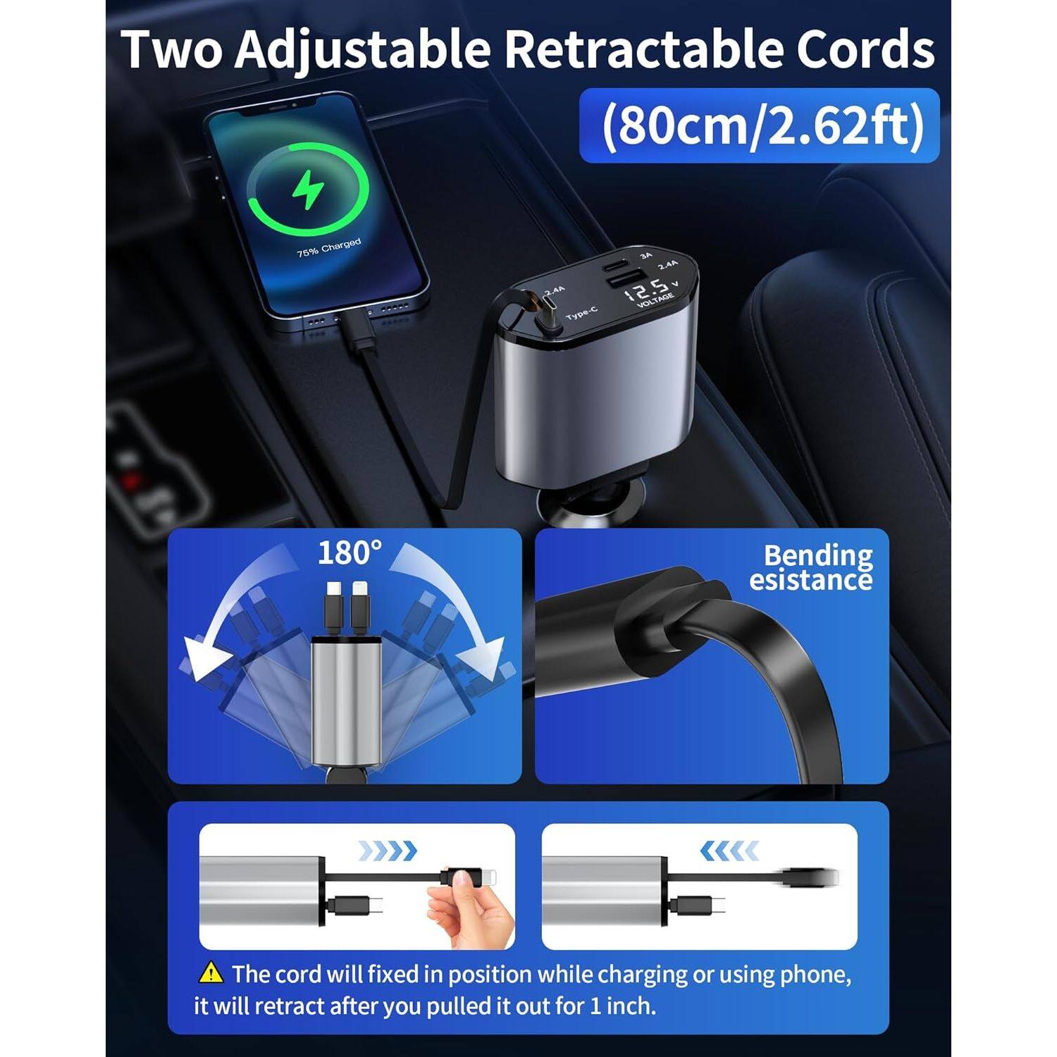 Two Adjustable Retractable Cords (80cm/2.62ft)

- 7% Charged
- M XAA
- 9.4
- 2.51 VOLT
- Type-C
- 180° Bending resistance

The cord will be fixed in position while charging or using the phone, it will retract after you pull it out for 1 inch.