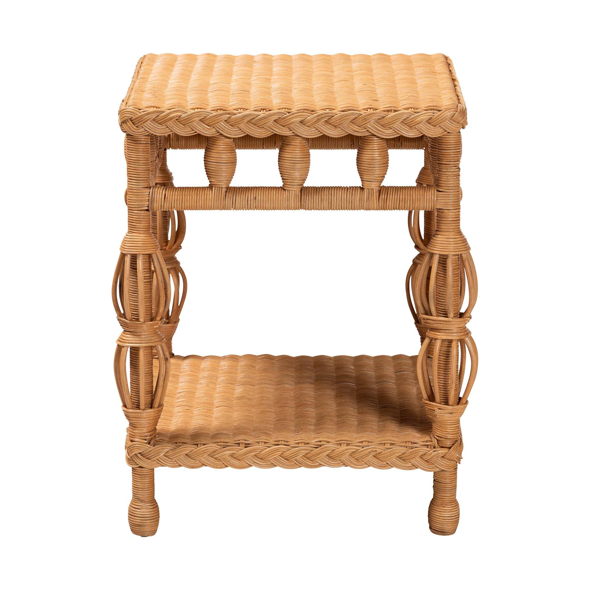 Left. bali & pari - Dolby Natural Rattan End Table - Handwoven Wicker Side Table with Lower Shelf, Coastal Boho Style Accent Table - Light Honey.