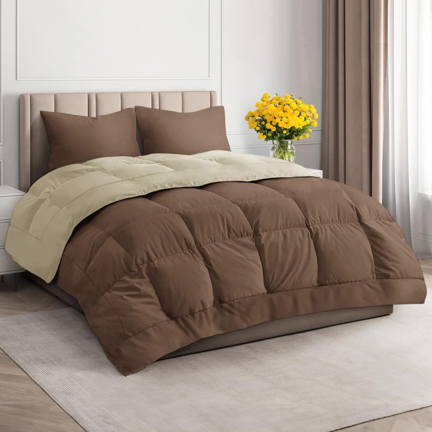 CGK Linens - Premium All-Season Down Alternative Comforter - Fluffy Oversized Duvet Insert - Full - Brown/Beige