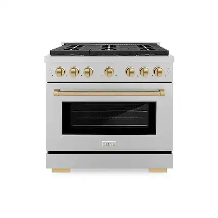 Front. ZLINE - ZLINE Autograph 36 in. 5.2 cu. ft. Freestanding Paramount Gas DuoPro Range in Satin Steel and Champagne Bronze Accents - Stainless Steel.