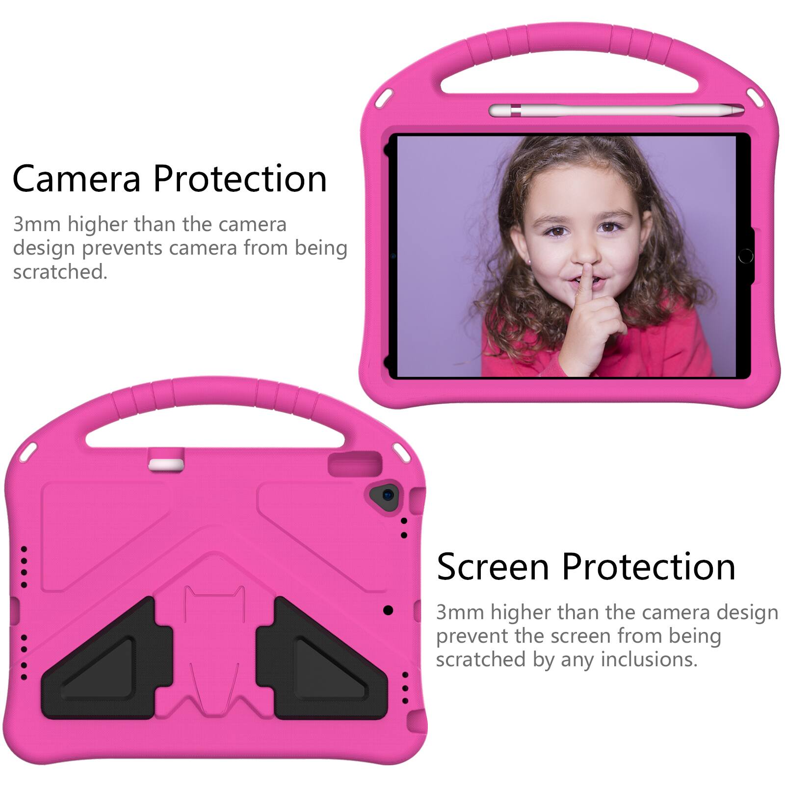 Camera Protection  
3mm higher than the camera design prevents camera from being scratched.  

Screen Protection  
3mm higher than the camera design prevent the screen from being scratched by any inclusions.