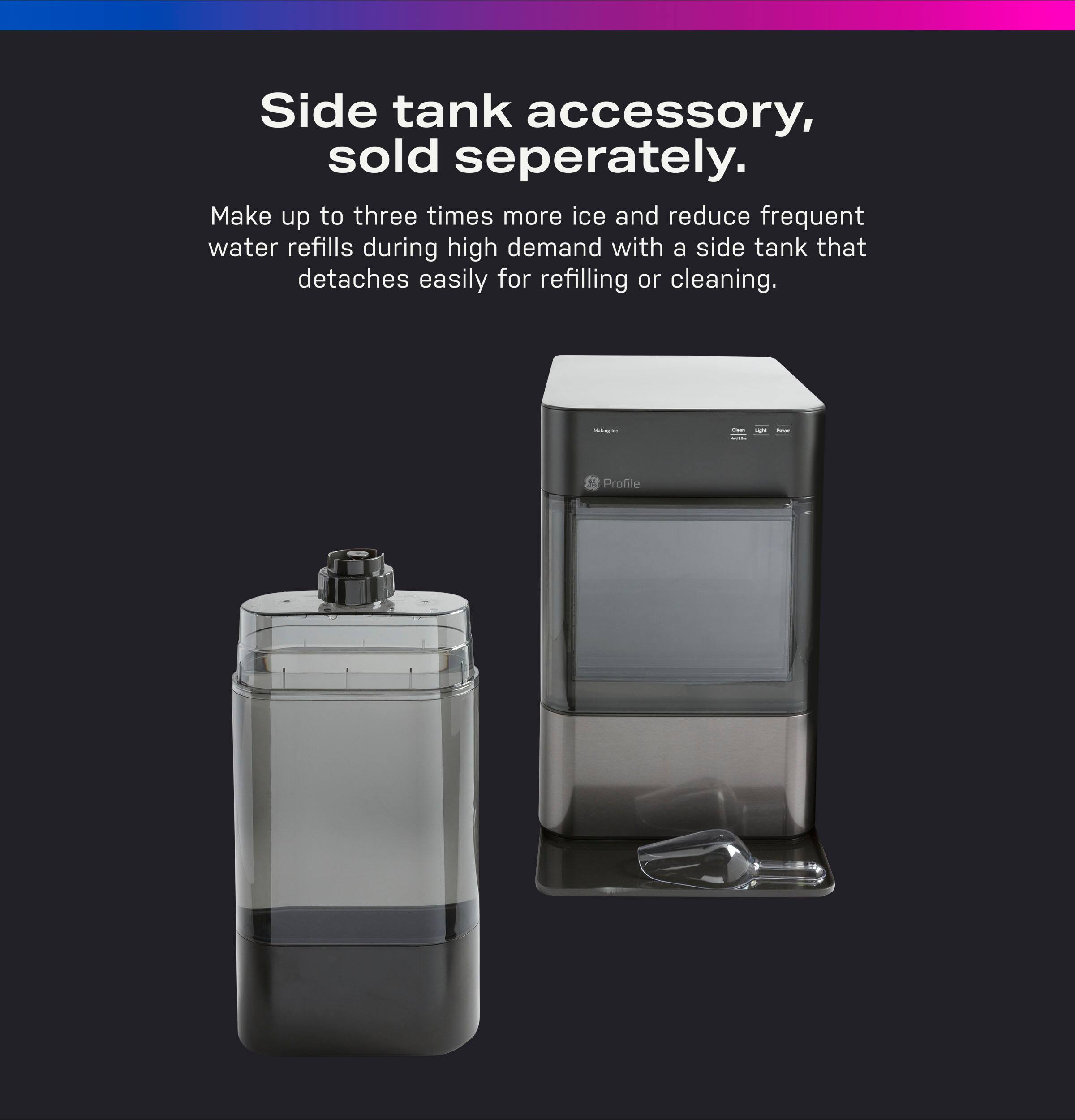 The image features a large water dispenser with a side tank accessory attached to it. The side tank is sold separately and allows for the production of up to three times more ice, reducing the need for frequent water refills during high demand. The side tank detaches easily for refilling or cleaning, making it a convenient and efficient solution for ice and water dispensing.