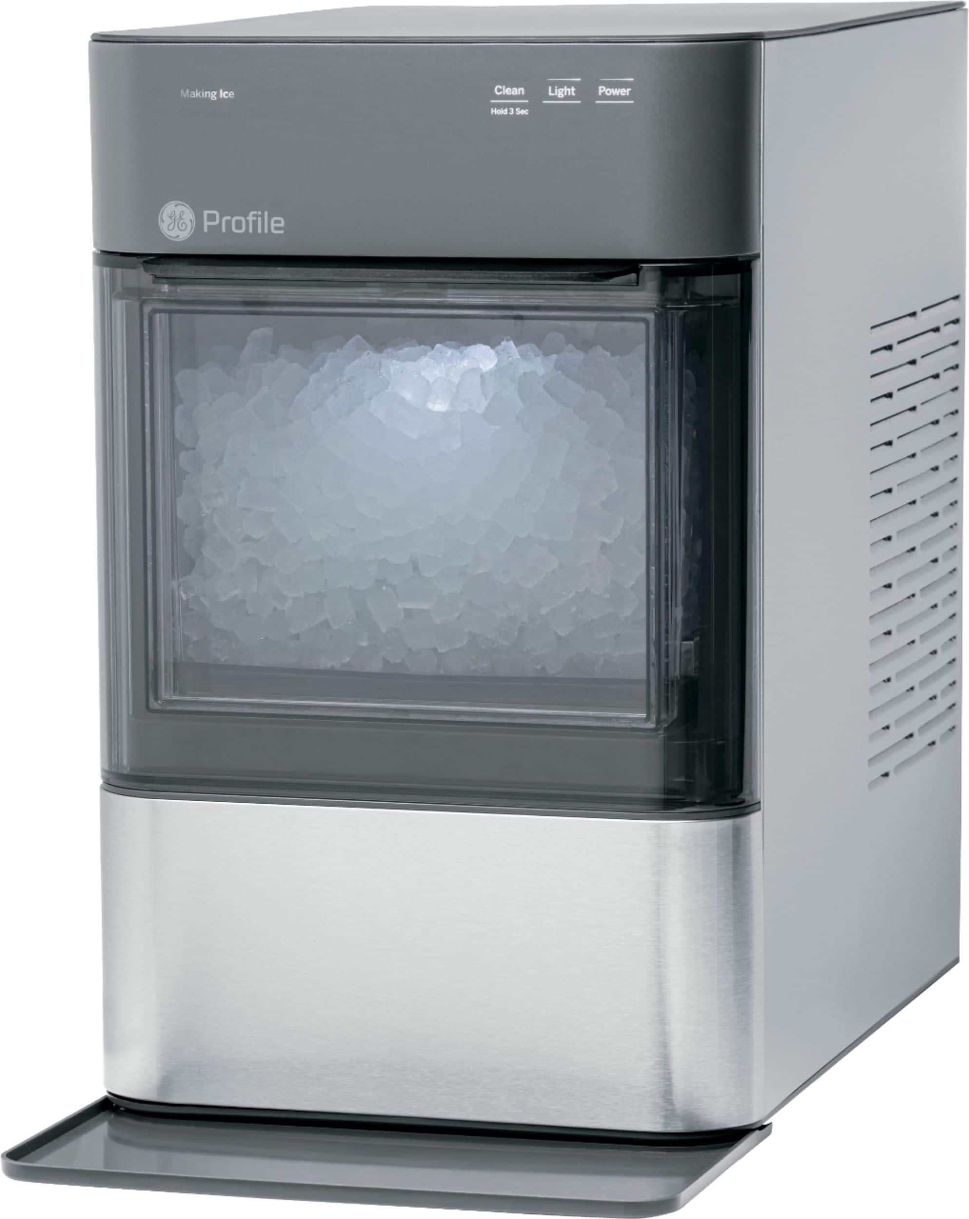 Left. GE Profile - Opal 2.0 38 lb. Portable Ice maker with Nugget Ice Production and Built-In WiFi - Stainless Steel.