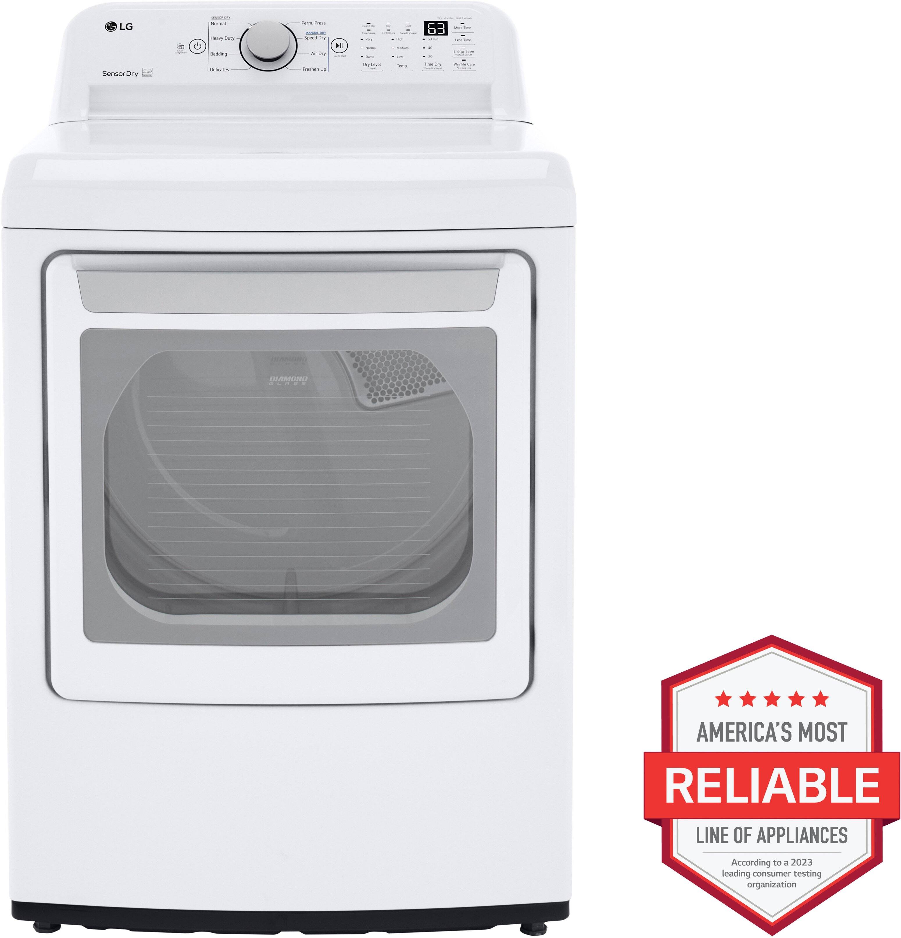 The image features a white electric dryer with a see-through window, which is an energy-efficient appliance. It is part of the America's Most Reliable Line of Appliances, as indicated by the logo in the image. The dryer is designed to be reliable and efficient, making it a great choice for homeowners.