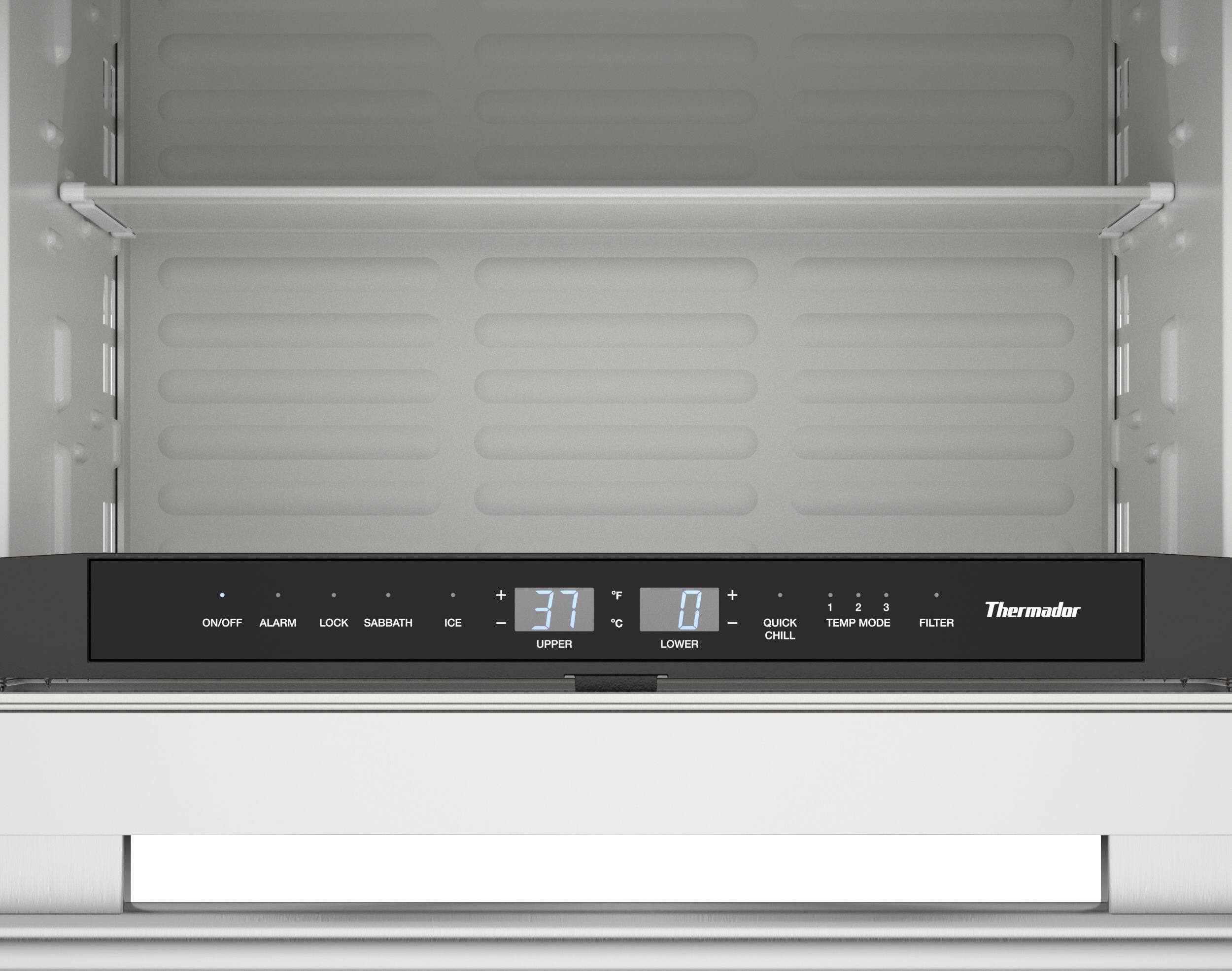 ON/OFF ALARM LOCK SABBATH + ICE + I 37 UPPER F C 0 LOWER + - + QUICK CHILL . . + 1 2 3 TEMP MODE + Thermador FILTER