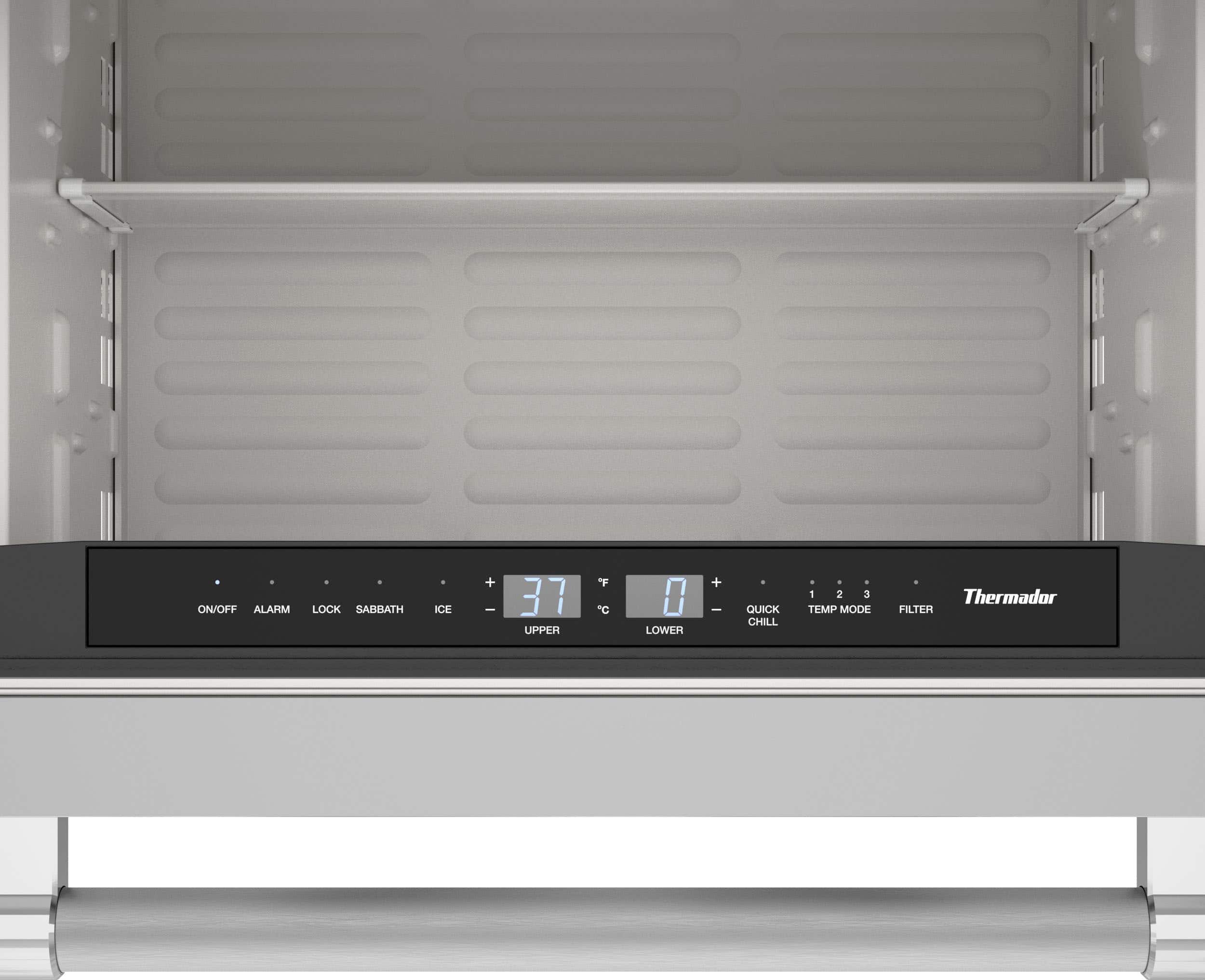 ON/OFF ALARM LOCK SABBATH ICE + 37°F UPPER F C 0° LOWER + - QUICK CHILL 1 2 3 TEMP MODE Thermador FILTER