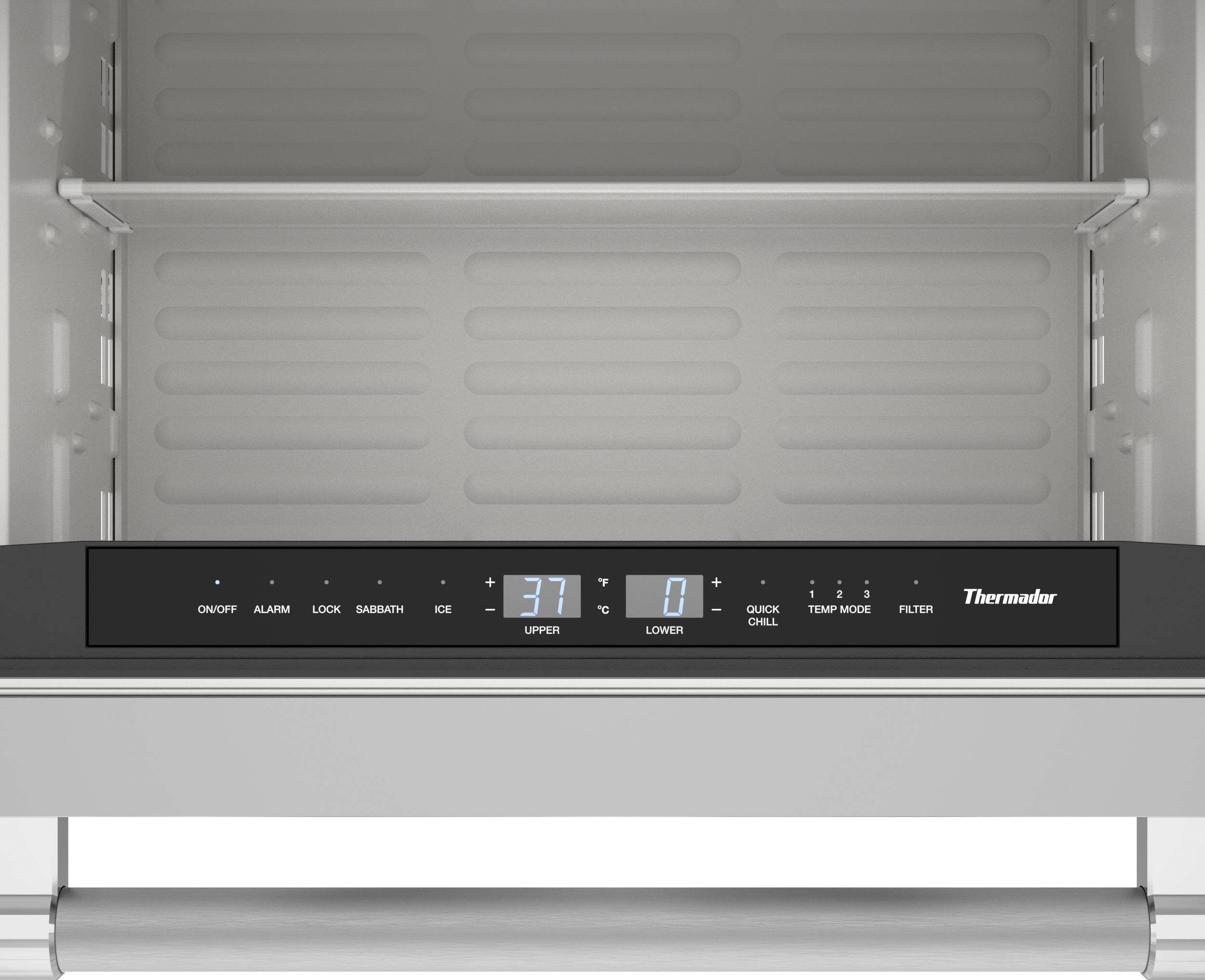 ON/OFF ALARM LOCK SABBATH ICE + 37°F UPPER F C 0° LOWER + - QUICK CHILL 1 2 3 TEMP MODE Thermador FILTER