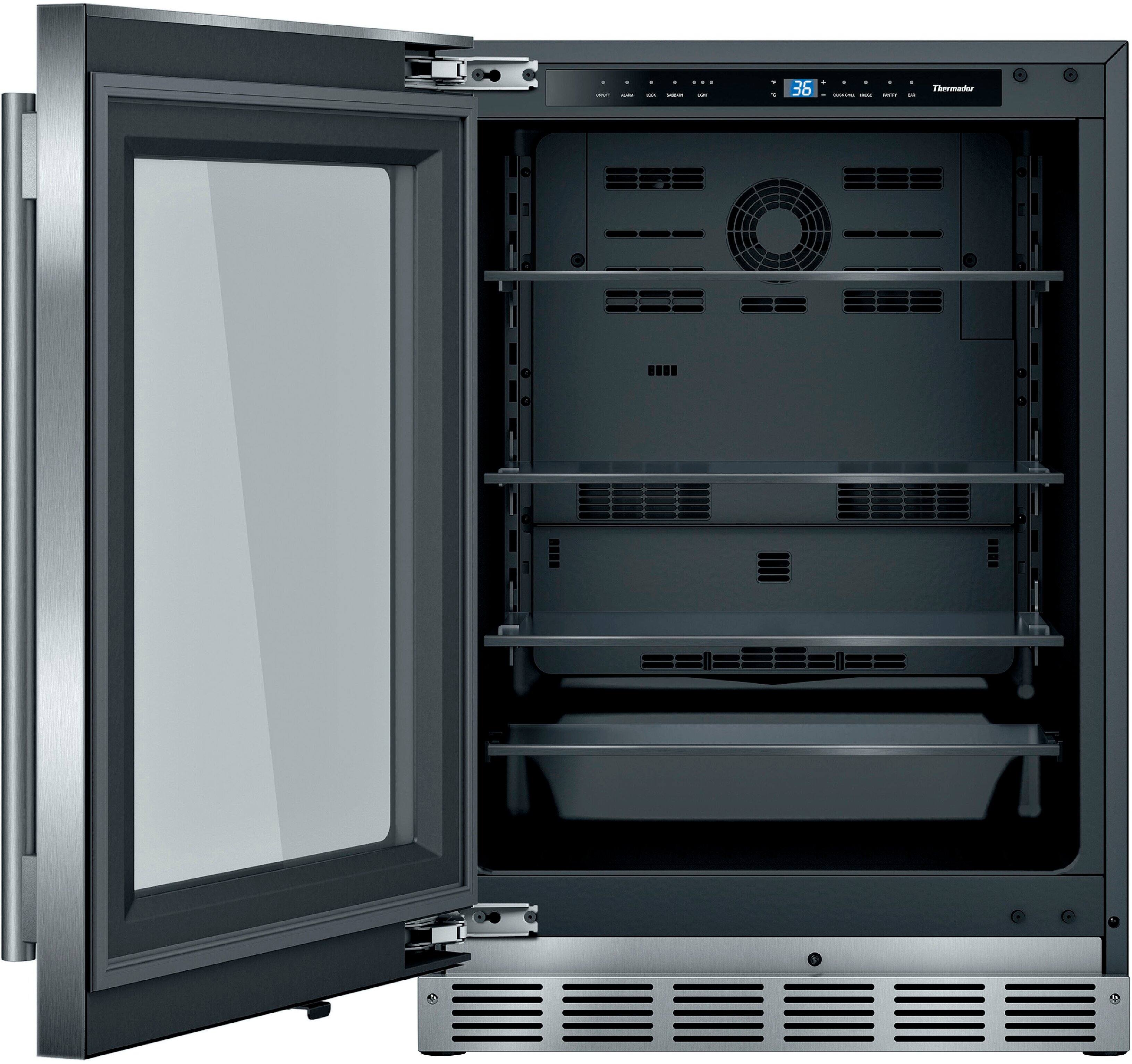 Angle. Thermador - 4.9 Cu. Ft. Built-In Under-Counter Glass Door Refrigerator with Masterpiece Series Handle, Left Hinged - Stainless Steel.