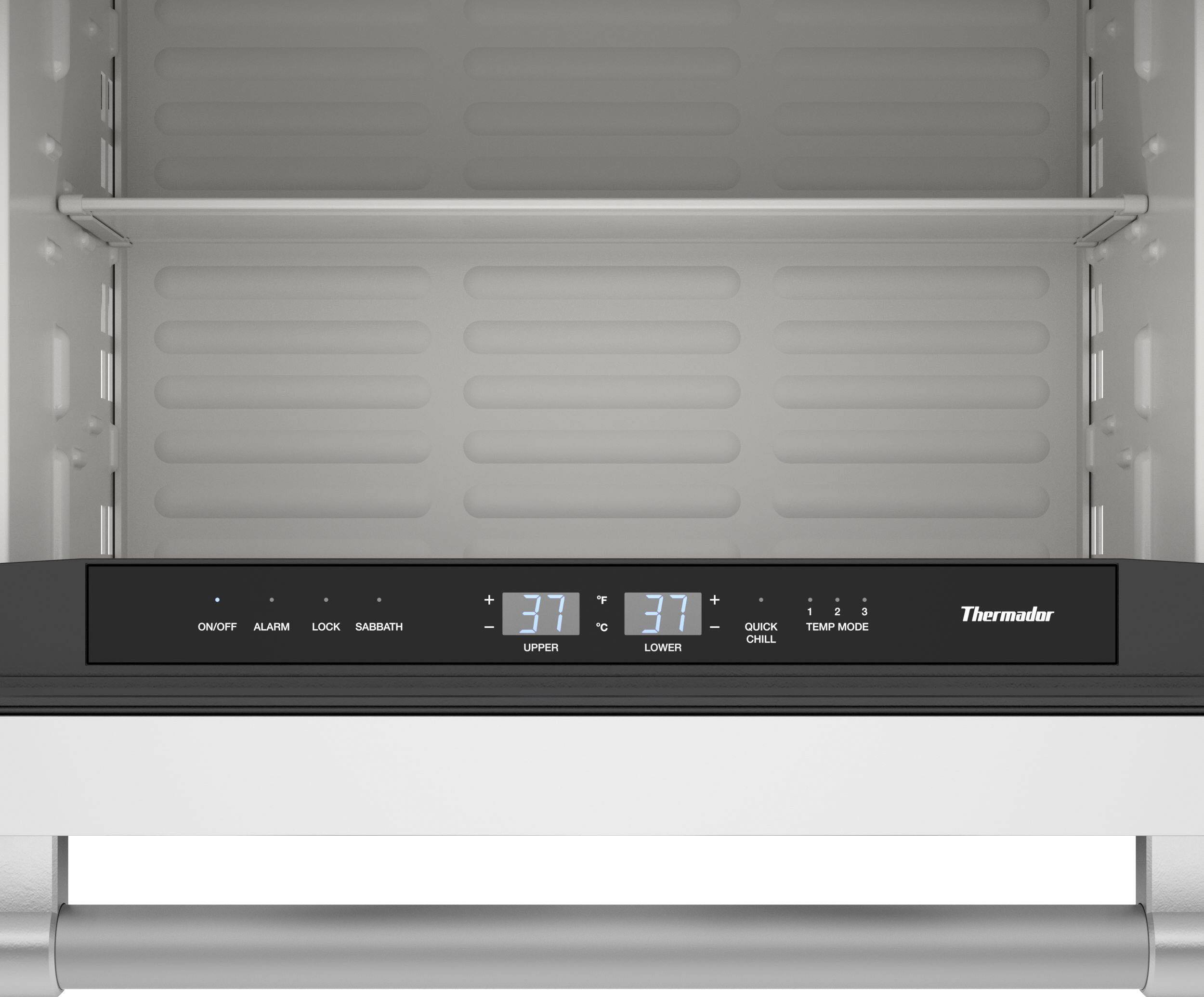 The text on the image reads: "ON/OFF ALARM LOCK SABBATH + - 37 UPPER F D 37 LOWER + - d QUICK CHILL - - 1 2 3 EP MODE Thermador."