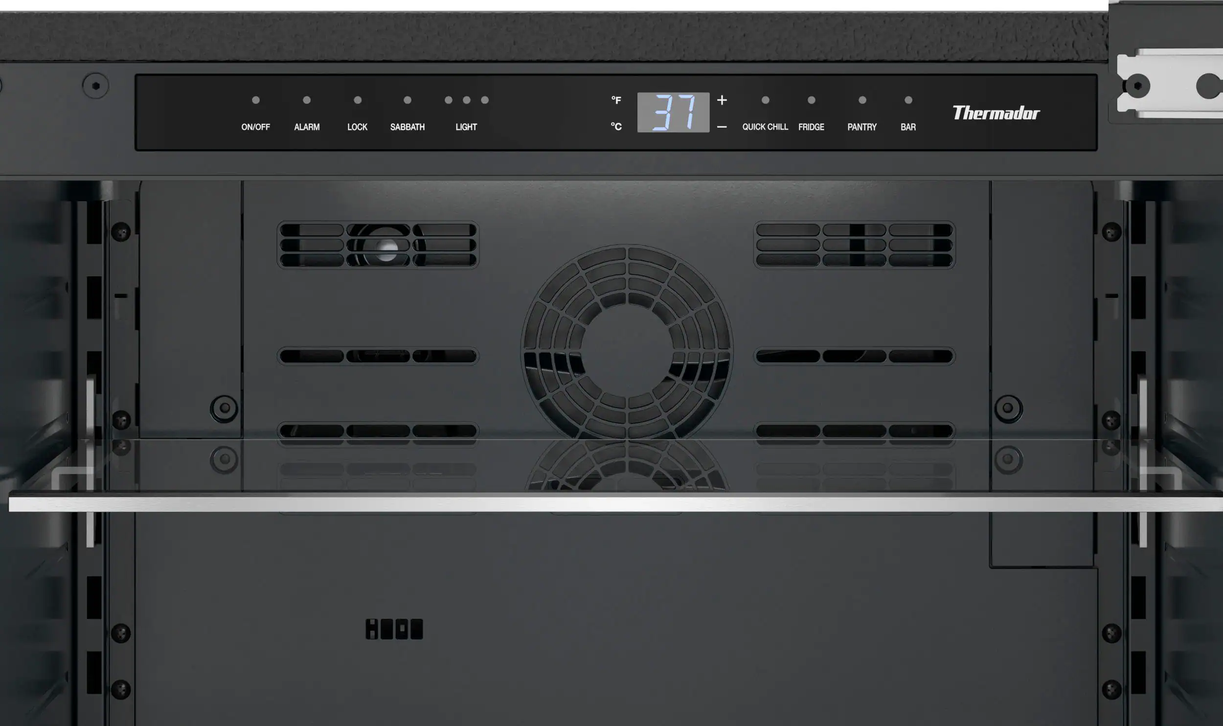 The text on the image reads: "ON/OFF ALARM LOCK SABBATH LIGHT F C 37 + QUICK CHILL FRIDGE PANTRY BAR Thermador EICE a 1 I."