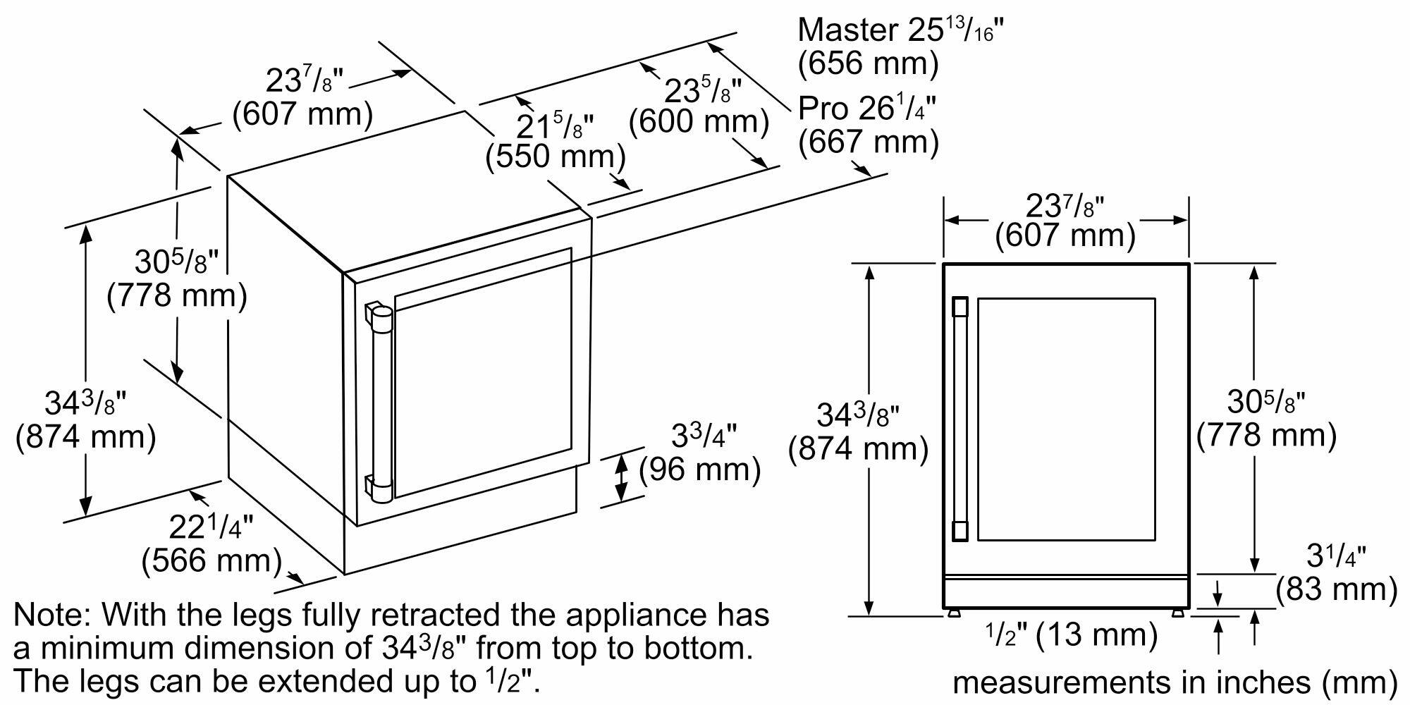 The text on the image is already grouped and correctly spelled. It provides dimensions for a piece of furniture, such as a cabinet or a drawer, in both inches and millimeters. The measurements are given for various parts of the furniture, such as the height, width, and depth. The text also notes that with the legs fully retracted, the appliance has a minimum dimension of 343/8" (874 mm) and can be extended up to 1/2" (13 mm).