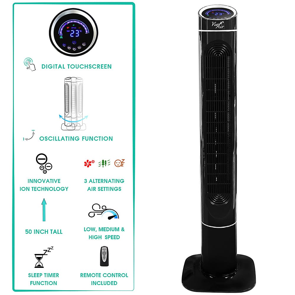 Alt View 11. VieAir - 50 Inch 3-Speed High Velocity Tower Fan with Fresh Air Ionizer & Remote Control - Black.